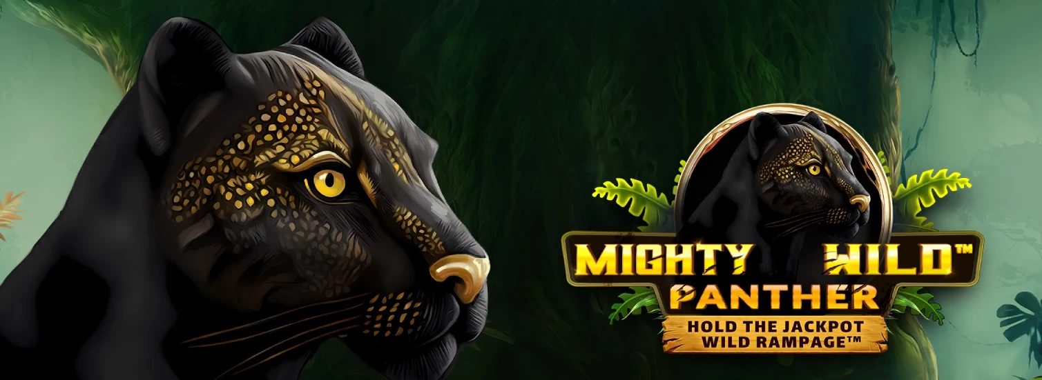 Mighty Wild Panther slot game logo, showcasing a black panther with golden fur against a lush green background.