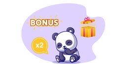 Cartoon panda with "bonus" and "x2" text, there is a giftbox in the background.