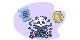 Panda in a pile of cash with a gold coin and a paper.