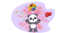 Cute cartoon panda with dices, cards and a spinwheel in the background.