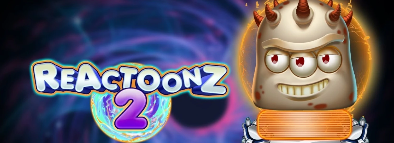 Reactoonz 2 slot game logo, with a quirky alien character and the game title