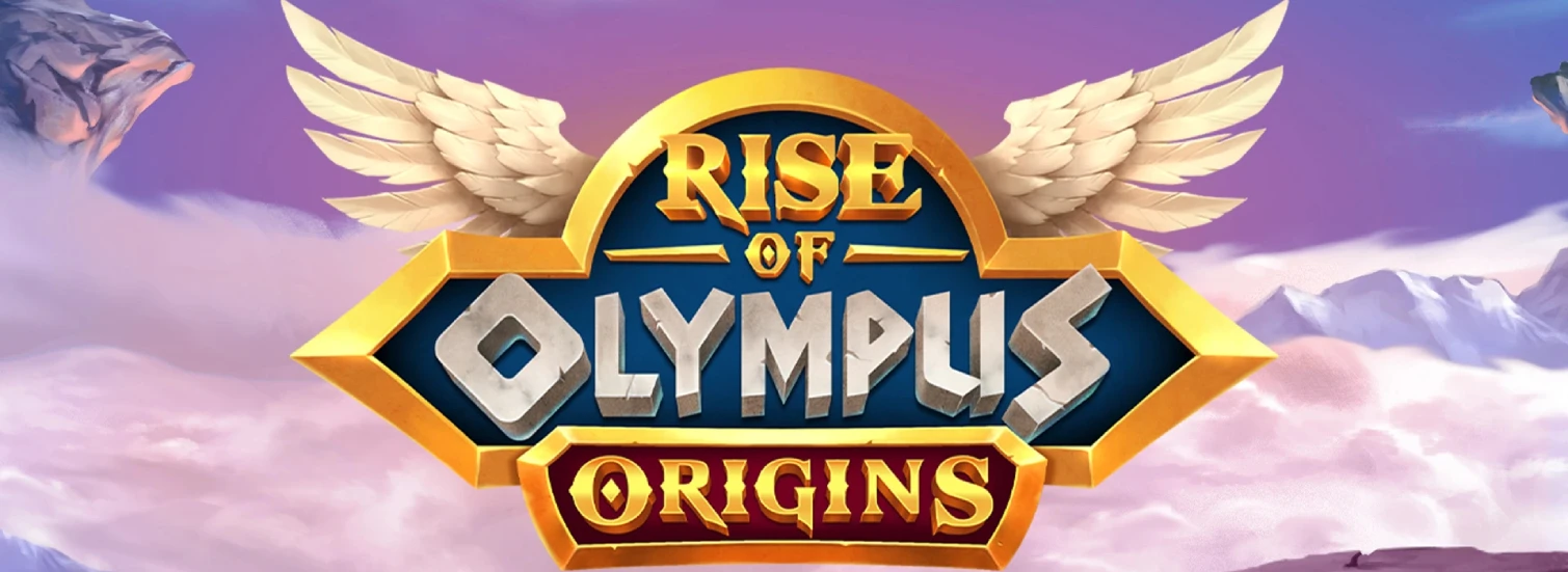 Rise of Olympus Origins slot game logo, featuring a golden emblem with wings and the title