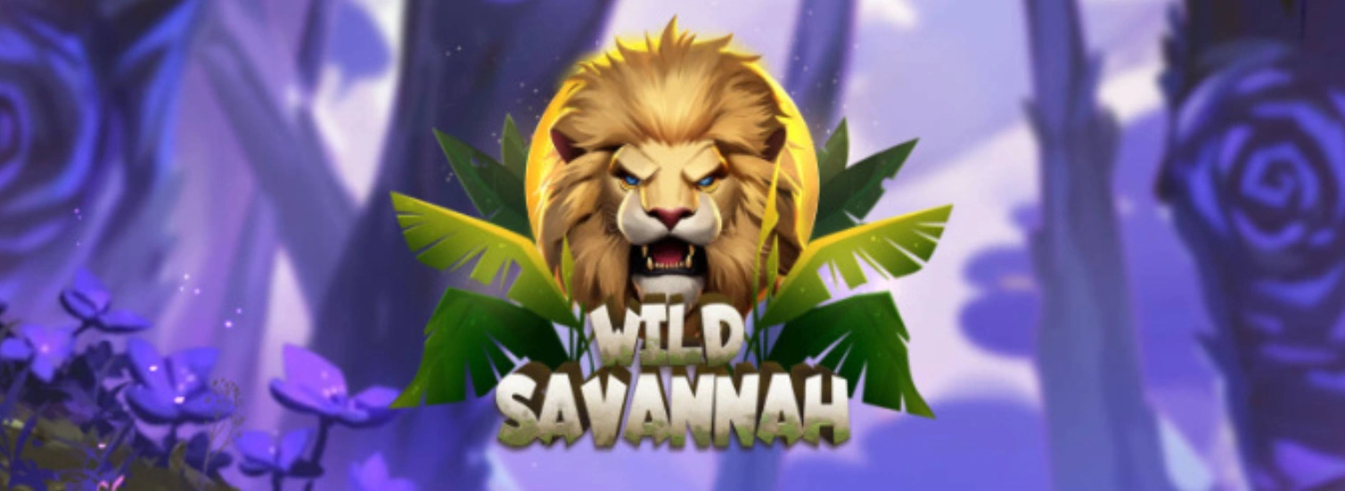 Illustration of a fierce lion's head with a golden mane, framed by green palm leaves and a warm yellow backdrop, with the text 'Wild Savannah' below. The background features a dreamy purple forest setting with flowers.