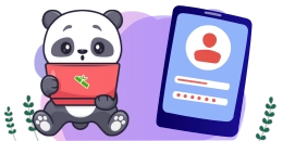 Panda holding a red laptop with a green carrot icon, looking curious. Beside it is a smartphone screen displaying a login form, set against a light purple background with small plants at the bottom.