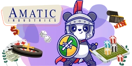 A cute panda dressed as a Roman gladiator, holding a shield and sword. Casino chips, playing cards, dice, and a treasure chest are scattered around. The text "AMATIC INDUSTRIES" is visible in the top left corner.