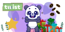 Cheerful panda surrounded by colorful gift boxes and golden coins. The design features a green 'twist' sign and a glowing star, set against a light purple background with small plants at the bottom.