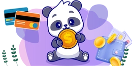 A cute panda holding a gold coin with a dollar sign. Credit cards, a wallet with coins, and more coins are scattered around.