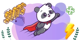 Flying panda wearing a red cape, resembling a superhero. The design includes the word 'SLOTS' in bold 3D text, a four-leaf clover, and a yellow lightning bolt, set against a light purple background with small plants at the bottom.