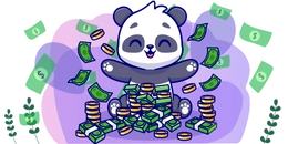 A happy panda sitting on a pile of money, with money falling from the sky.