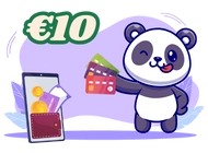 A cute panda is winking and holding a stack of credit cards. A smartphone with a wallet and coins is in the background. The number 10 in Euros is displayed in the top left corner.