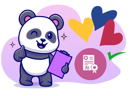 A cute panda giving a thumbs up, holding a clipboard and a document with a seal, with hearts in the background, suggesting a focus on trust, security, and fair play.