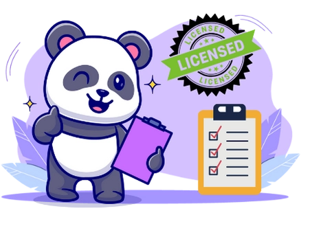 Happy panda cartoon character enjoying the benefits of a licensed product or service, with a clipboard and a licensed badge.