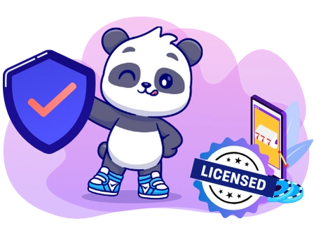 Playful panda promoting licensed and secure online casinos, with a shield and a licensed symbol.