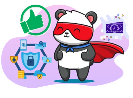 A superhero panda protecting a Litecoin wallet, with security symbols and a thumbs-up sign, suggesting a focus on cryptocurrency security.