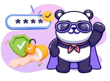 A cute panda wearing sunglasses and a cape, with a password field, a shield, and a padlock, suggesting a focus on online security and privacy.