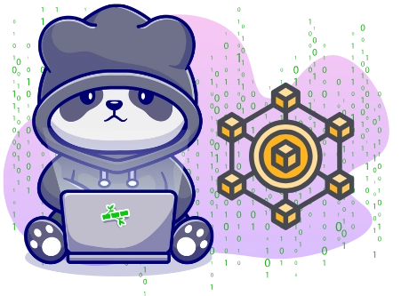 Playful panda exploring the world of blockchain, with a laptop and a blockchain symbol.