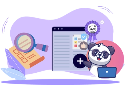 Cute panda cartoon character with glasses, working on a laptop, with a checklist, a magnifying glass, and a medal, suggesting a focus on quality assurance and customer satisfaction.