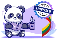 A cute panda reading a book while holding a steaming mug, with a 'Licensed' badge and a Lithuanian flag ribbon in the background.