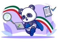 A cheerful panda in a cape holds a laptop with a magnifying glass, clipboard, and checkmark in the background. The image features a Mexican flag ribbon and light purple foliage.