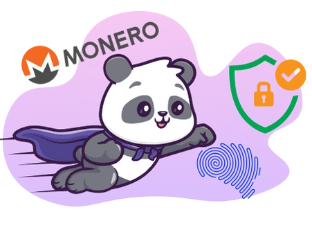 Playful panda promoting Monero as a secure and private cryptocurrency, with a shield, a lock, and a fingerprint.