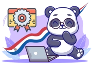 Panda with glasses sits next to a laptop, holding its chin thoughtfully. Behind it is a Paraguayan flag, a licence icon, and soft purple leaves in the background.