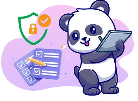 A cartoon panda looks happy while holding a checklist and a shield with a lock and a checkmark, suggesting safe and secure completion of tasks.