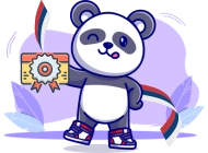 Winking panda wearing sneakers, holding a licence, and a Serbian flag ribbon flowing behind it, set against a purple background with decorative leaves.