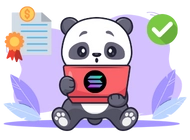 Panda sitting and holding a red laptop with the Solana logo on the screen, surrounded by a certificate, a coin symbol, and a green checkmark, against a light purple background with leaves.