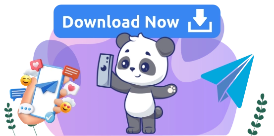 Panda holding a smartphone, standing next to a colorful paper airplane graphic and a chat bubble with emojis. Above is a blue banner with the text 'Download Now' and a download icon, set against a purple background.