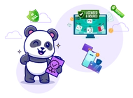 Blinking panda with a notepad, a card game on the computer screen, and licensed icons.