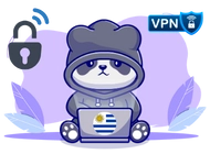 Panda wearing a gray hoodie sits with a laptop featuring the Uruguayan flag on its cover. The background includes a lock icon and a 'VPN' badge, set against a purple backdrop with decorative leaves.