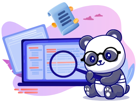 Playful panda analyzing data, with a laptop, a magnifying glass, and documents.