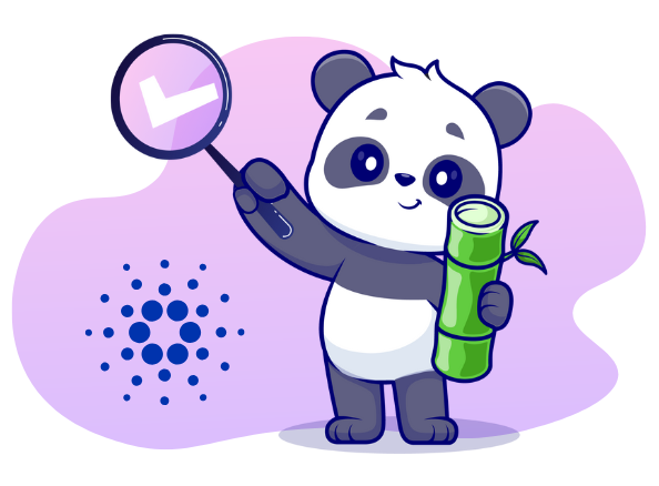 Panda holding a magnifying glass with a checkmark symbol and a rolled-up bamboo scroll, standing next to the Cardano logo on a purple gradient background.