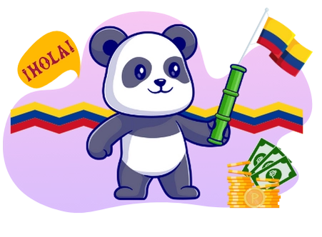 A cute panda waving a Colombian flag and saying 