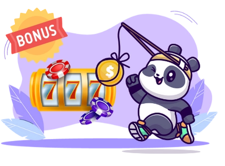 Playful panda cartoon celebrating a casino bonus, with a fishing rod, a coin, and a slot machine.