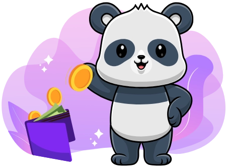 Happy panda enjoying financial prosperity, with a wallet and coins.