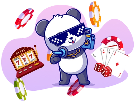 Playful panda promoting online casino games, with a boombox, slot machine, dice, and playing cards.