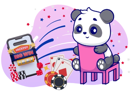 Happy panda enjoying a jackpot win on their mobile device, with playing cards, dice, and casino chips.