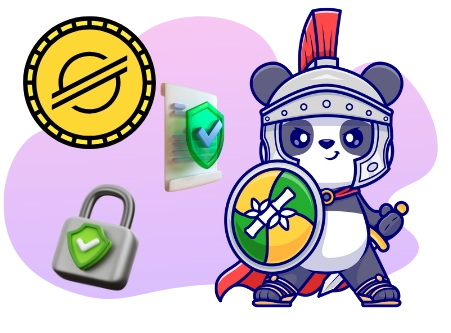 Playful panda protecting the Stellar network, with a helmet, shield, sword, a padlock, and a document with a checkmark.