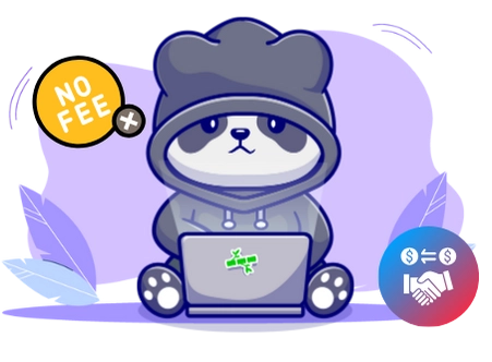 Playful panda cartoon promoting fee-free services, with a laptop and currency exchange symbols.