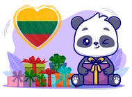 A winking panda holding a gift box, surrounded by colorful presents, with a heart-shaped Lithuanian flag in the background.