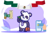 business-themed panda wearing a tie holds cash while standing next to a briefcase with a dollar sign. The background features the Mexican flag, payment icons, and light purple foliage.