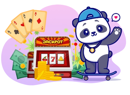 Happy panda promoting online casino fun, with a slot machine, playing cards, and coins.