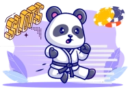 Panda dressed in a karate uniform against a purple background. The word 'Slots' is displayed in bold yellow letters on the top left, with a poker chip and card suit symbols floating nearby.