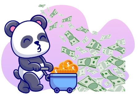 A happy panda blowing a kiss, pushing a cart filled with gold coins, with dollar bills raining down around it.