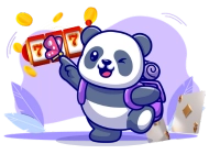 Winking panda wearing a backpack and holding a slot machine lever showing three sevens, surrounded by floating gold coins and cards, set against a purple background.