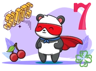 Panda dressed as a superhero with a red mask and cape, standing confidently next to cherries, a four-leaf clover, a red number seven, and the word 