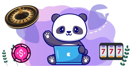 Panda sitting with a laptop, waving cheerfully, surrounded by casino-themed graphics including a roulette wheel, a pink poker chip with a dollar symbol, slot machine reels showing '777', and a paper airplane, set against a purple background.