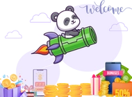 Panda flying to the welcome sign in a rocket over shiny coins, and gift boxes.