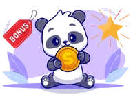 Panda sits holding a large gold coin with a dollar sign. A red tag labeled 'BONUS' and a shining star icon are featured in the background, set against a purple backdrop with decorative leaves.